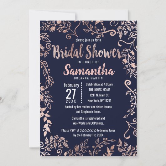 バラ金ゴールドフローラネイビーブルーブラシブライダルシャワー 招待状 (正面)