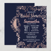 バラ金ゴールドフローラネイビーブルーブラシブライダルシャワー 招待状 (正面/裏面)