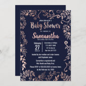 バラ金ゴールドフローラネイビーブルーブラシベビーシャワー 招待状 (正面/裏面)