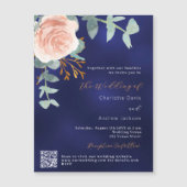 バラ金ゴールドフローラネイビーブルーQR RSVPラグジュアリー結婚ズ マグネット招待状 (正面)