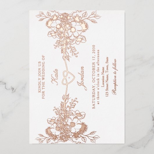 バラ金ゴールドフローラハートフォイルウェディング招待 箔招待状 (正面)