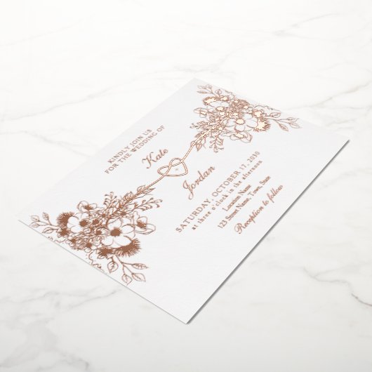 バラ金ゴールドフローラハートフォイルウェディング招待 箔招待状 (回転した状態)