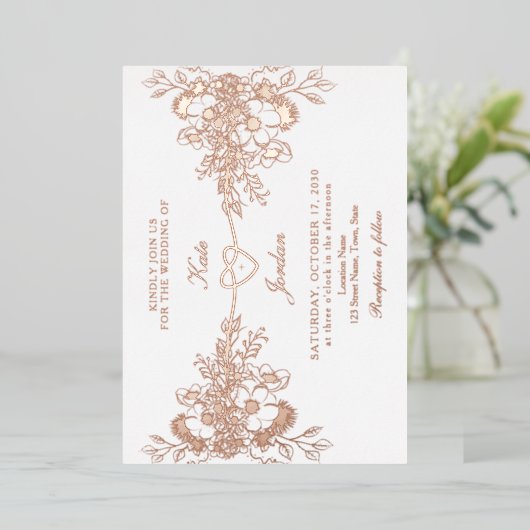 バラ金ゴールドフローラハートフォイルウェディング招待 箔招待状 (立ち正面)