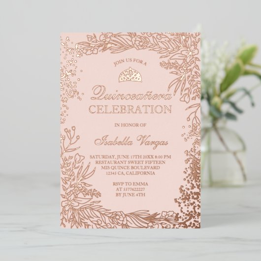 バラ金ゴールドフローラピンクティアラシックキンセアニェラ 箔招待状 (立ち正面)