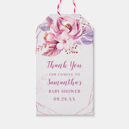 バラ金ゴールドフローラピンクパープルベビーガールベビーシャワー ギフトタグ (正面)