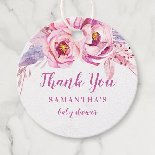 バラ金ゴールドフローラピンクパープルベビーガールベビーシャワー フェイバータグ (正面)