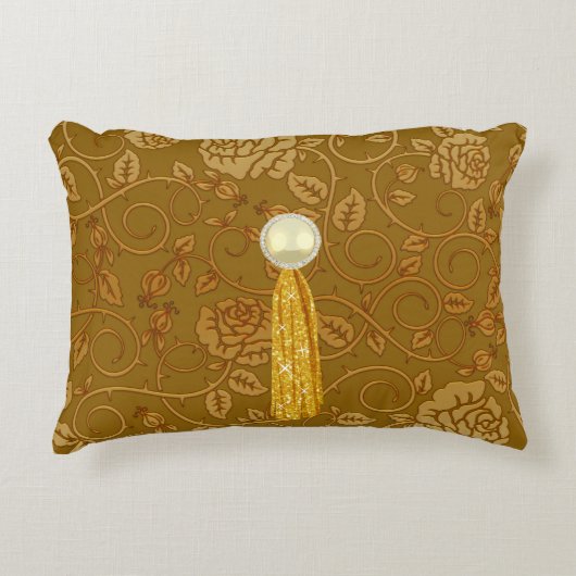 バラ金ゴールドフローラフェイクきらめくジュエルタッセル アクセントクッション (正面)