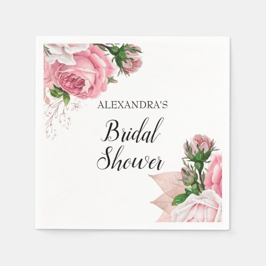 バラ金ゴールドフローラブライダルシャワーピンク紙 スタンダードカクテルナプキン (正面)