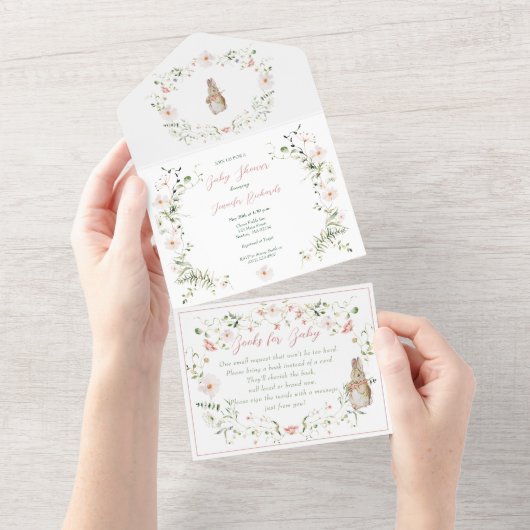 バラ金ゴールドフローラベビーバニーベビーシャワー オールインワン招待状 (貼ってはがせる)