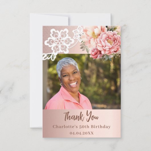 バラ金ゴールドフローラホワイトレース誕生日の写真 サンキューカード (正面)