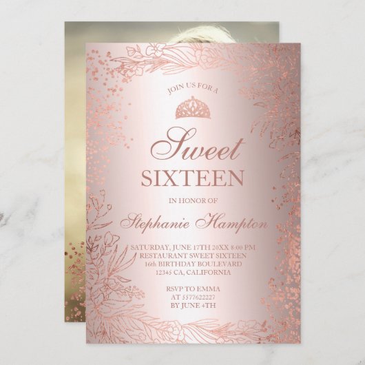 バラ金ゴールドフローラメタリックティアラシックスイート16 招待状 (正面/裏面)
