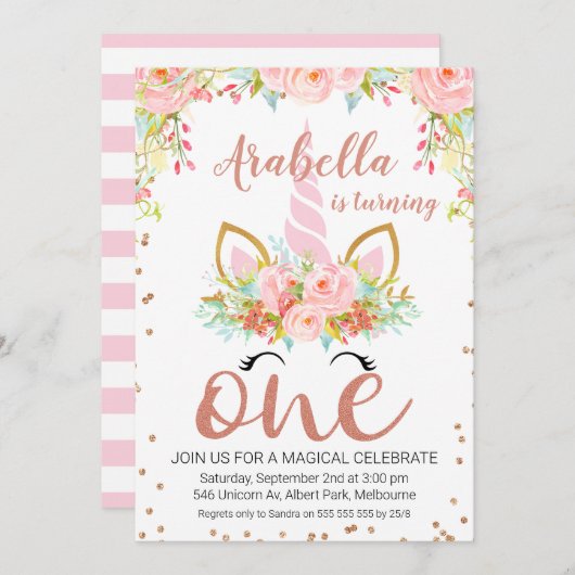 バラ金ゴールドフローラユニコーン1st誕生日招待状 招待状 (正面/裏面)