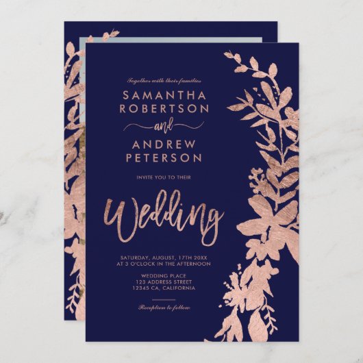 バラ金ゴールドフローラリースシックなネイビーブルー結婚ズ 招待状 (正面/裏面)