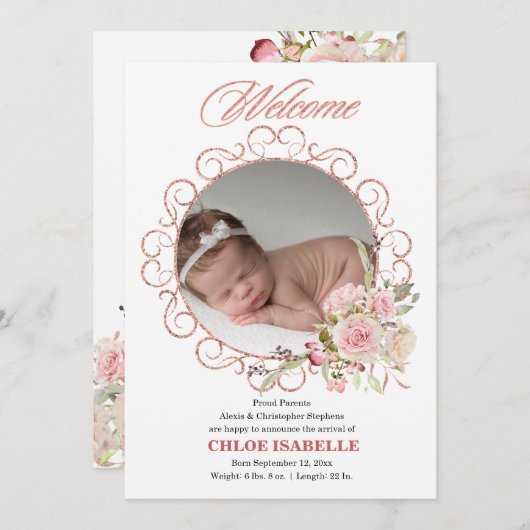 バラ金ゴールドフローラリース写真の誕生発表 案内状 (正面/裏面)