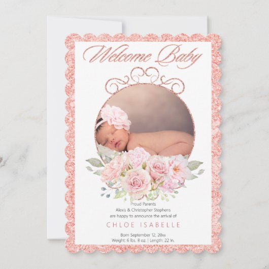 バラ金ゴールドフローラリース2フォトベビーガール誕生 案内状 (正面)
