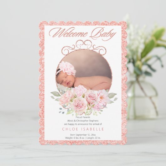 バラ金ゴールドフローラリース2フォトベビーガール誕生 案内状 (スタンド正面)