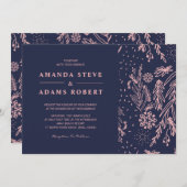バラ金ゴールドフローラルパターンネイビースタイリッシュブ結婚ルー 招待状 (正面/裏面)