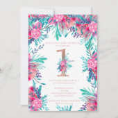 バラ金ゴールドフローラレター1歳の誕生日赤面ピンク 招待状 (正面)