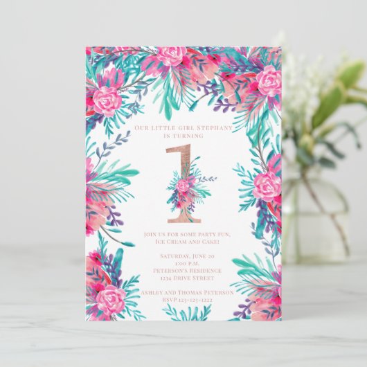 バラ金ゴールドフローラレター1歳の誕生日赤面ピンク 招待状 (スタンド正面)