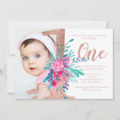 バラ金ゴールドフローラレター1歳の誕生日赤面写真 招待状 (正面)