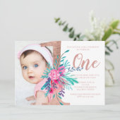 バラ金ゴールドフローラレター1歳の誕生日赤面写真 招待状 (スタンド正面)