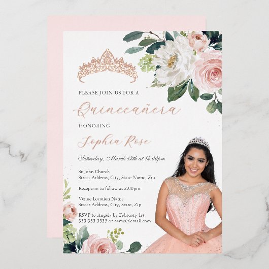 バラ金ゴールドフローラ写真キンセアニェラ 箔招待状 (正面/裏面)