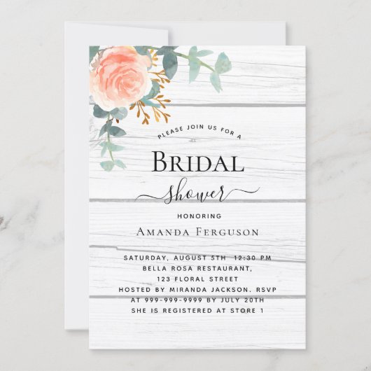 バラ金ゴールドフローラ素朴な白木ブライダルシャワー 招待状 (正面)
