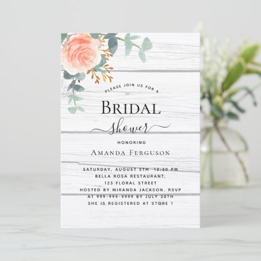 バラ金ゴールドフローラ素朴な白木ブライダルシャワー 招待状 (スタンド正面)