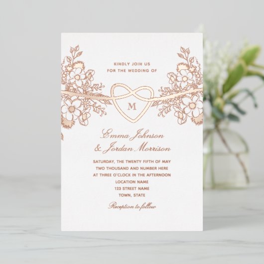 バラ金ゴールドフローラ結婚ハート箔招待状 箔招待状 (立ち正面)