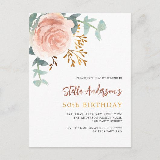 バラ金ゴールドフローラ緑のスクリプト誕生日 インビテーションポストカード (正面)