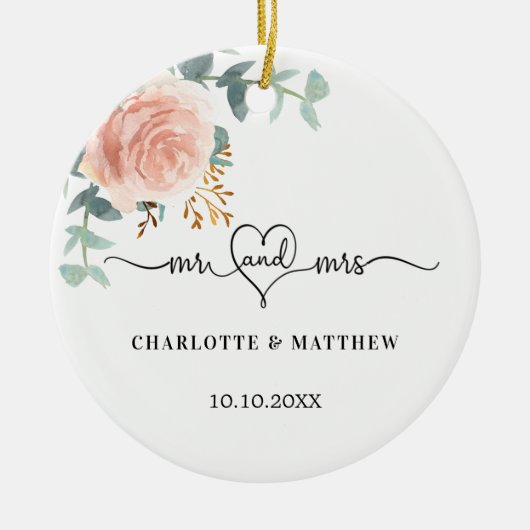 バラ金ゴールドフローラ緑ミセス・ハート結婚ズ セラミックオーナメント (正面)