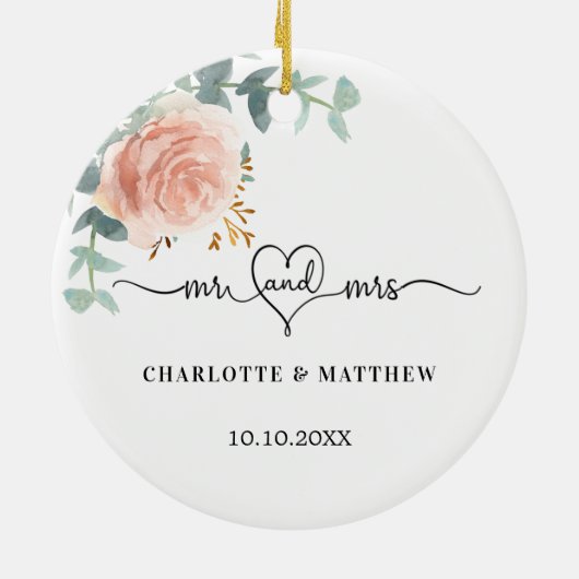 バラ金ゴールドフローラ緑ミセス・ハート結婚ズ セラミックオーナメント (裏面)