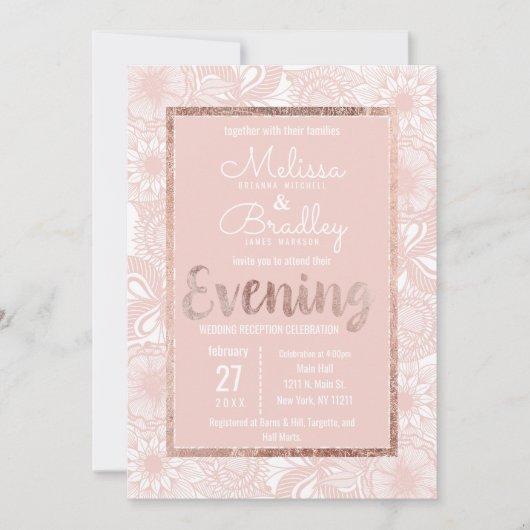 バラ金ゴールドフローラ赤面ピンクブラシスクリプト夕べ 招待状 (正面)