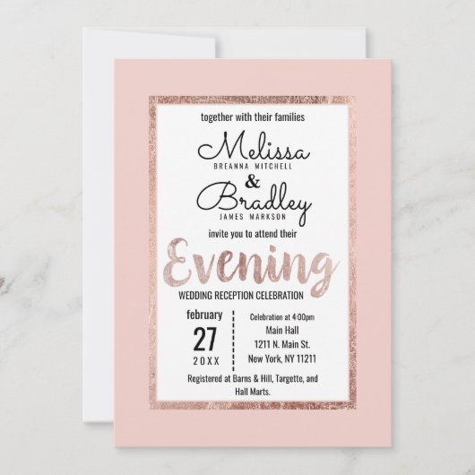 バラ金ゴールドフローラ赤面ピンクブラシスクリプト夕べ 招待状 (正面)