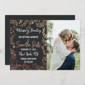 バラ金ゴールドフローラ金ゴールドグラデーショングリッター日付の保存 招待状 (正面/裏面)