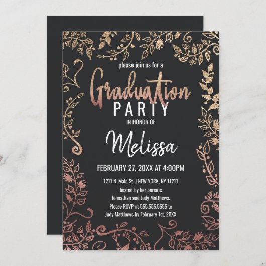 バラ金ゴールドフローラ金ゴールドグラデーション卒業 招待状 (正面/裏面)