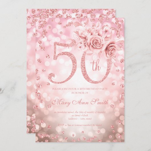バラ金ゴールドフローラ50th誕生日グラムライト 招待状 (正面/裏面)