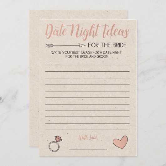 バラ金ゴールドブライダルシャワーゲーム – 日付ナイトアイディア 招待状 (正面/裏面)