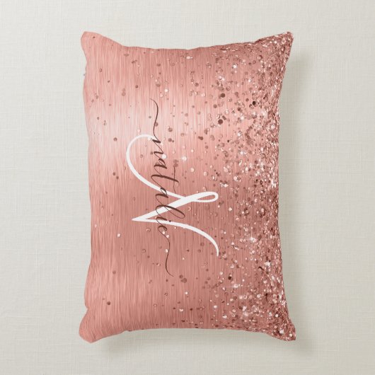 バラ金ゴールドブラシ仕上げ金属グリッターモノグラム名 アクセントクッション (正面(垂直))