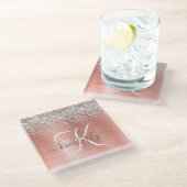 バラ金ゴールドブラシ仕上げ金属グリッターモノグラム名 ガラスコースター (アングル)