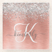 バラ金ゴールドブラシ仕上げ金属グリッターモノグラム名 ガラスコースター (正面)