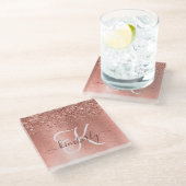 バラ金ゴールドブラシ仕上げ金属グリッターモノグラム名 ガラスコースター (アングル)