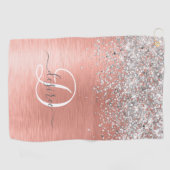 バラ金ゴールドブラシ仕上げ金属グリッターモノグラム名 ゴルフタオル (横)