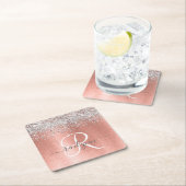 バラ金ゴールドブラシ仕上げ金属グリッターモノグラム名 スクエアペーパーコースター (インサイチュ)