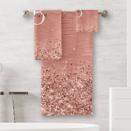 バラ金ゴールドブラシ仕上げ金属グリッターモノグラム名 バスタオルセット