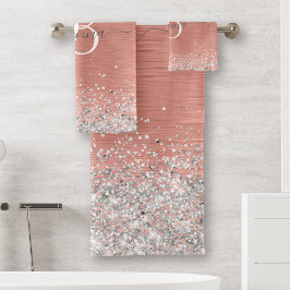 バラ金ゴールドブラシ仕上げ金属グリッターモノグラム名 バスタオルセット