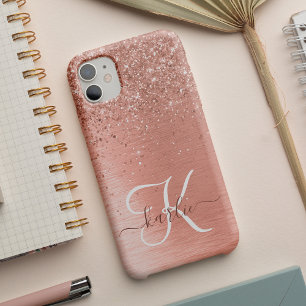 バラ金ゴールドブラシ仕上げ金属グリッターモノグラム名 Case-Mate iPhone 14ケース