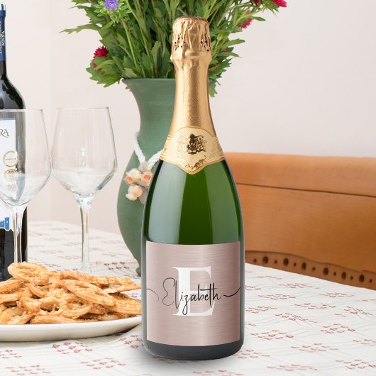 バラ金ゴールドブラシ付きメタリックガーリースクリプトモノグラム スパークリングワインラベル