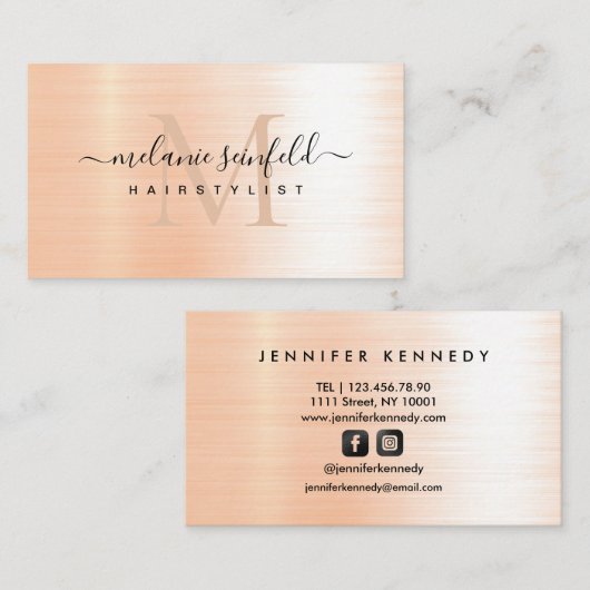 バラ金ゴールドブラシ付き金属エレガント赤面モノグラム 名刺 (正面/裏面)