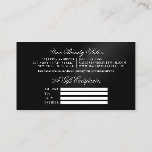 バラ金ゴールドブラックグリッタードリップギフト証明書 名刺 (裏面)